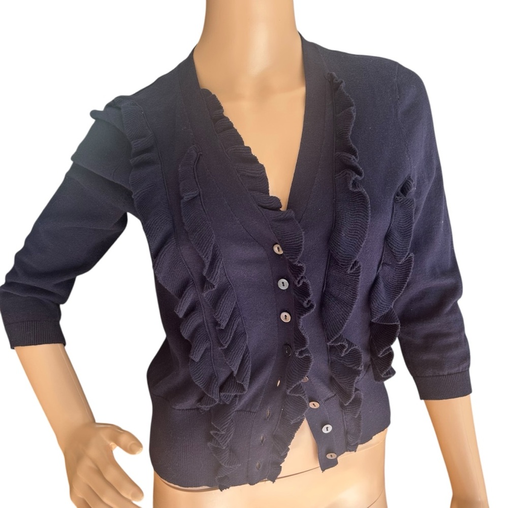 Cremieux Navy Ruffle Cardigan XS 100% Cotton 3/4 Sleeve Button Front